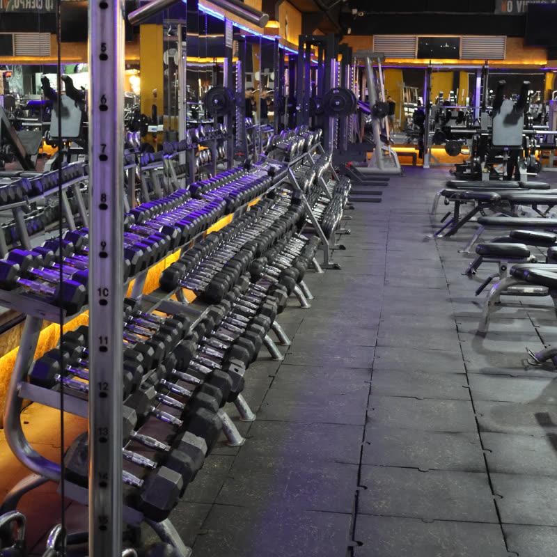Racks de mancuernas a lo largo del salón principal